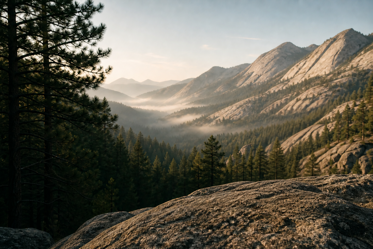 Sunlit mountain landscape above a pine forest.